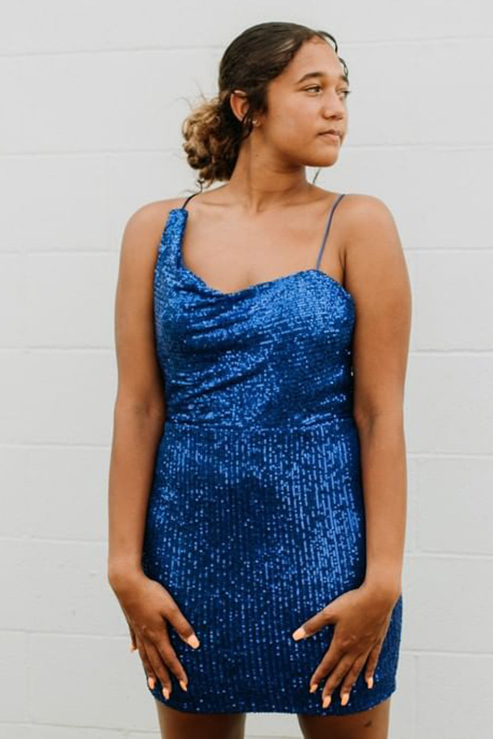 Dressystars Blue Homecoming Dress Spaghetti Straps Sequin Prom Dress With Criss Cross Back