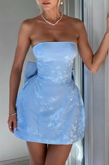 Dressystars Blue Jacquard Homecoming Dress Satin Strapless Short Party Dress with Bowknot