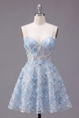 Dressystars Blue Sequin Floral Spaghetti Straps A-Line Corset Short Homecoming Dress