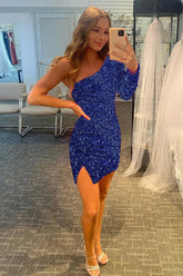 Dressystars Blue Sequins Homecoming Dress One Shoulder Cocktail Dress with Sleeves
