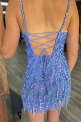 Dressystars Blue Spaghetti Straps Sequin Short Homecoming Dress