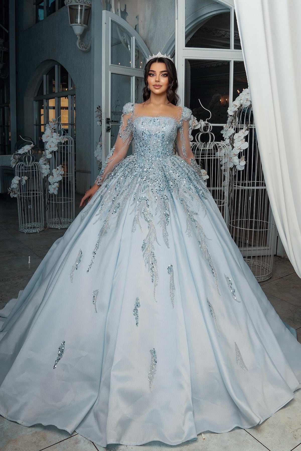 Dressystars Blue Square Illusion Sleeves Beaded Sequined Ball Gown Satin Bridal Gown With Appliques