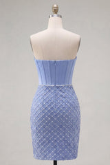 Dressystars Blue Strapless Basque Waist Corset Tight Short Homecoming Dress with Pearls