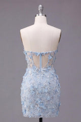 Dressystars Blue Strapless Floral Beaded Corset Tight Short Homecoming Dress