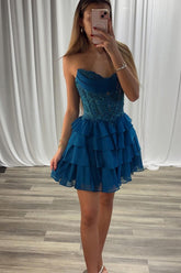 Dressystars Blue Sweetheart Tiered A-Line Corset Short Homecoming Dress with Appliques