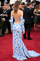 Dressystars Blue Wedding Guest Dress Floral A Line Off The Shoulder Long Sleeves Gala Dress With Slit