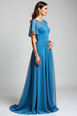 Dressystars Blue Wedding Guest Dress Long Chiffon A Line Formal Dress With Short Sleeves