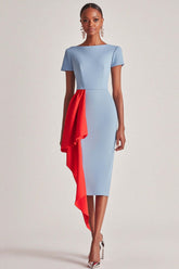Dressystars Blue Wedding Guest Dress Sheath Satin Tea Length Formal Dress With Short Sleeves