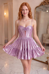 Dressystars Blush Corset Metallic Short Homecoming Dress with Keyhole