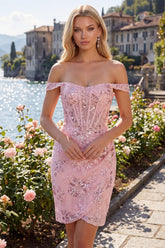 Dressystars Blush Floral Beaded Corset Tight Short Homecoming Dress