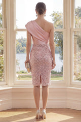 Dressystars Blush One Shoulder Sequin Bodycon Knee-Length Homecoming Dress with 3D Flowers