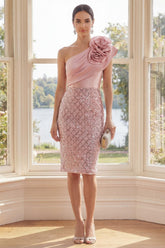 Dressystars Blush One Shoulder Sequin Bodycon Knee-Length Homecoming Dress with 3D Flowers