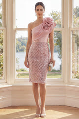 Dressystars Blush One Shoulder Sequin Bodycon Knee-Length Homecoming Dress with 3D Flowers