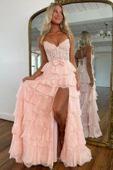 Dressystars Blush Pink A-Line Lace Corset Prom Dress With Tiered Ruffle Skirt & Slit Formal Evening Gown