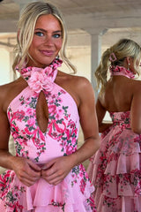 Dressystars Blush Prom Dress Floral Ruffled Halter Formal Dress With Slit