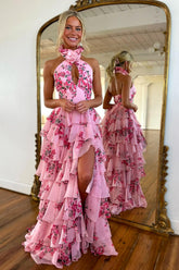 Dressystars Blush Prom Dress Floral Ruffled Halter Formal Dress With Slit