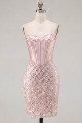 Dressystars Blush Strapless Beaded Corset Tight Short Homecoming Dress