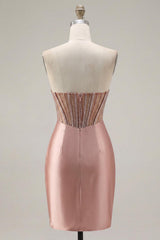 Dressystars Blush Strapless Ruched Corset Tight Short Homecoming Dress with Slit