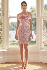 Dressystars Blush Strapless Sequin Corset Short Homecoming Dress with 3D Flowers