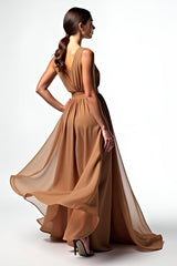 Dressystars Brown A Line Deep V-Neck Long Chiffon Gala Dress