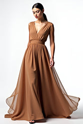 Dressystars Brown A Line Deep V-Neck Long Chiffon Gala Dress