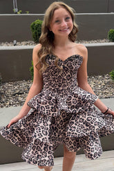 Dressystars Brown Leopard Strapless Tiered Print Corset Short Homecoming Dress with Beading