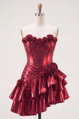 Dressystars Burgundy Glitter Metallic A-Line Corset Short Homecoming Dress with Ruffles & 3D Flowers