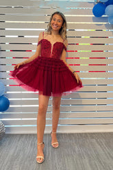 Dressystars Burgundy Homecoming Dress A-Line Corset Short Prom Dress with Lace
