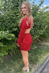 Dressystars Burgundy Homecoming Dress Deep V-Neck Sequin Tight Prom Dress with Sleeves