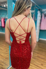 Dressystars Burgundy Homecoming Dress Lace-Up Back Sequin Tight Short Prom Dress