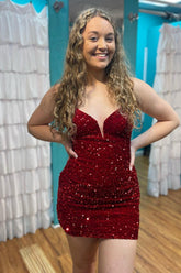 Dressystars Burgundy Homecoming Dress Sequin Glitter Prom Dress with Lace-up Back
