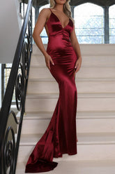 Dressystars Burgundy Satin Spaghetti Strap Mermaid Prom Dress With Open Back Formal Evening Gown