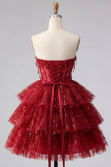 Dressystars Burgundy Strapless Beaded A-Line Corset Short Homecoming Dress