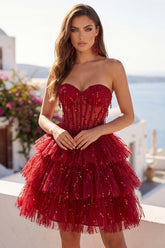 Dressystars Burgundy Strapless Beaded A-Line Corset Short Homecoming Dress