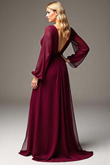 Dressystars Burgundy Wedding Guest Dress Chiffon V-Neck Ruched Long Formal Dress