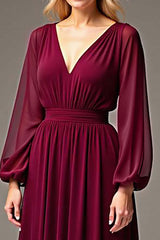 Dressystars Burgundy Wedding Guest Dress Chiffon V-Neck Ruched Long Formal Dress