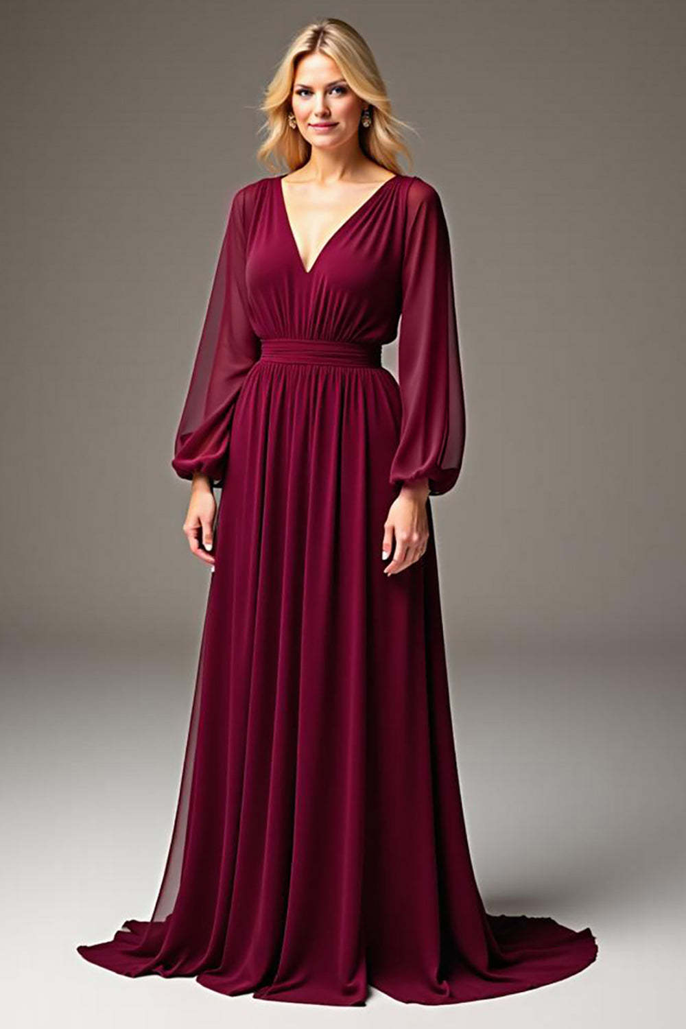 Dressystars Burgundy Wedding Guest Dress Chiffon V-Neck Ruched Long Formal Dress