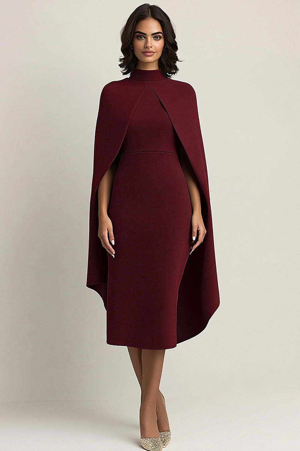 Dressystars Burgundy Wedding Guest Dress High Neck Sheath Formal Dress With Shawl