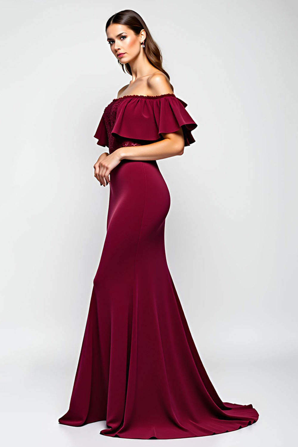 Dressystars Burgundy Wedding Guest Dress Mermaid Off The Shoulder Long Formal Dress With Ruffles