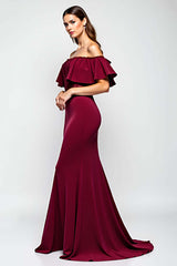 Dressystars Burgundy Wedding Guest Dress Mermaid Off The Shoulder Long Formal Dress With Ruffles