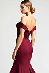 Dressystars Burgundy Wedding Guest Dress Mermaid Off The Shoulder Long Formal Dress With Sequins