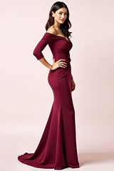 Dressystars Burgundy Wedding Guest Dress Off The Shoulder Long Sleeves Ruched Formal Dress