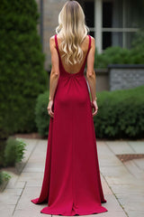 Dressystars Burgundy Wedding Guest Dress Ruched Deep V-Neck Spaghetti Straps Long Formal Dress