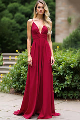 Dressystars Burgundy Wedding Guest Dress Ruched Deep V-Neck Spaghetti Straps Long Formal Dress