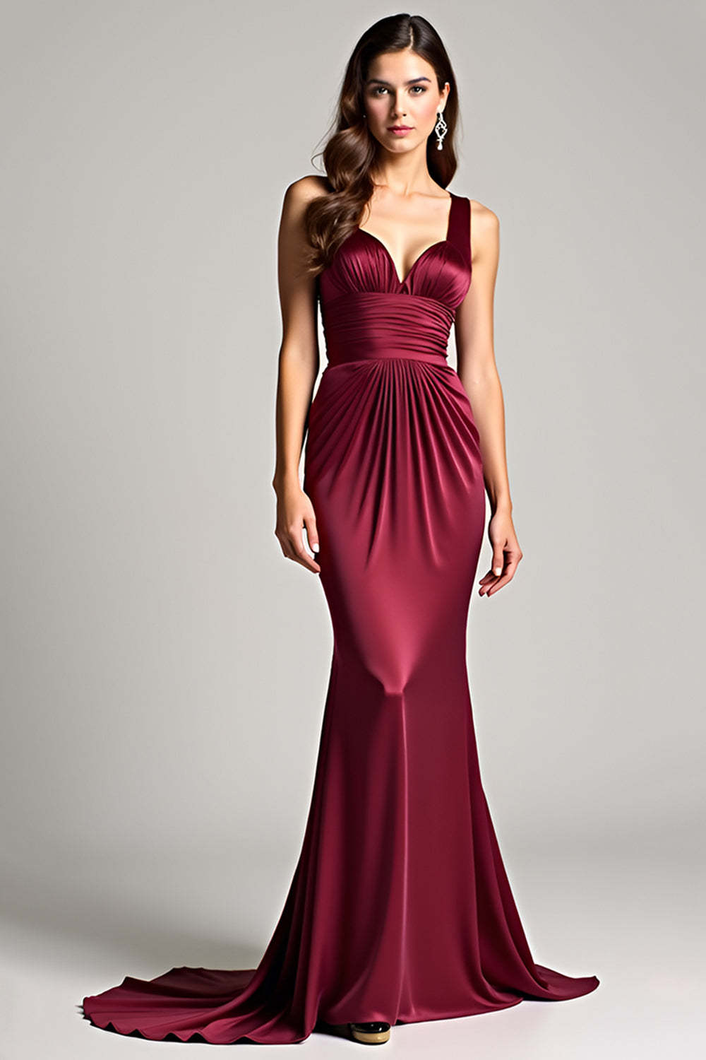 Dressystars Burgundy Wedding Guest Dress Sheath Ruched Backless Long Formal Dress