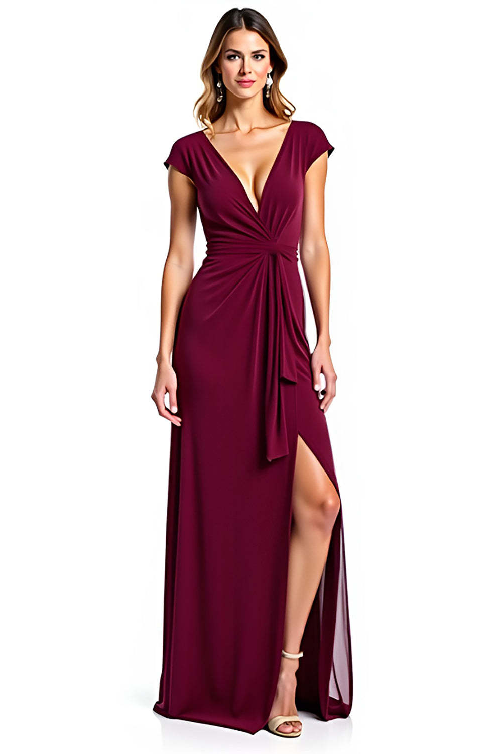 Dressystars Burgundy Wedding Guest Dress V-Neck Ruched Long Formal Dress With Slit