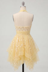 Dressystars Butter Yellow Floral Lace Halter Ruffled A Line Short Homecoming Dress