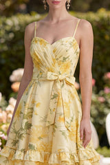 Dressystars Butter Yellow Floral Ruched Ruffled A-Line Short Prom Dress with Bow