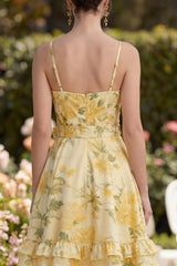 Dressystars Butter Yellow Floral Ruched Ruffled A-Line Short Prom Dress with Bow