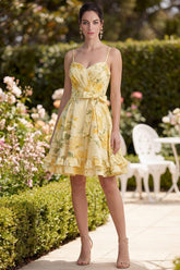 Dressystars Butter Yellow Floral Ruched Ruffled A-Line Short Prom Dress with Bow